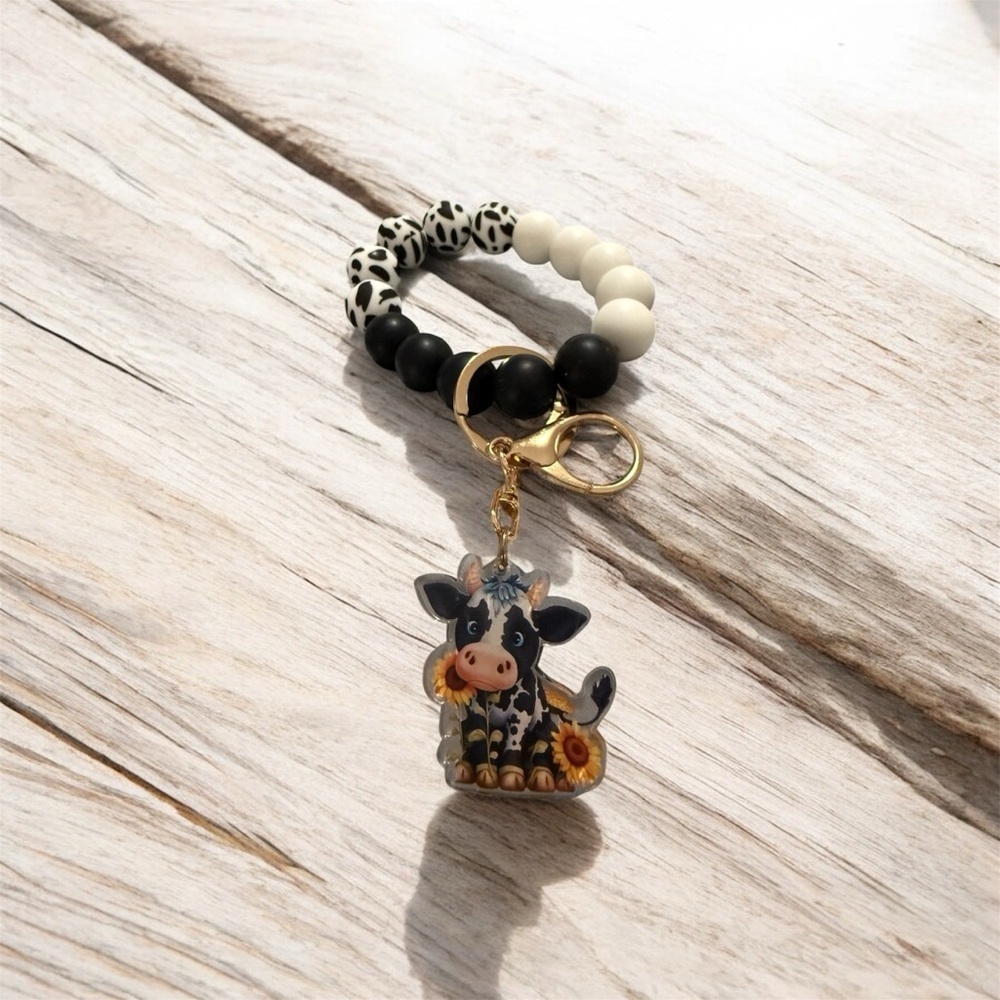 Beaded Wristlet Keychain Black White Silicone Cow Charm